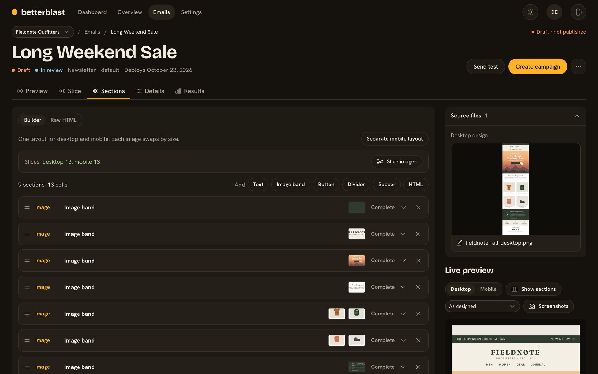 Sections editor and live preview