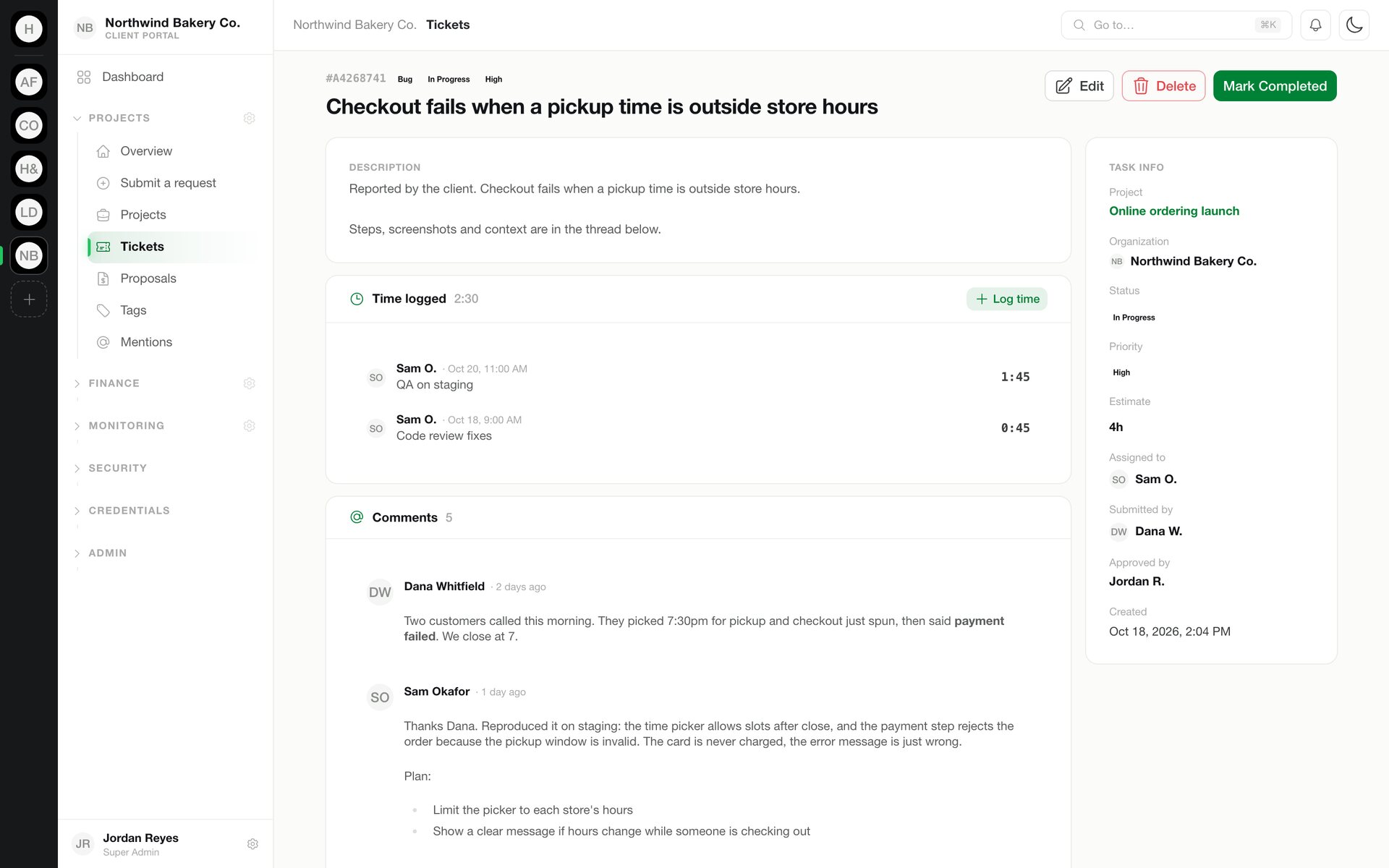 Ticket with time log and comments