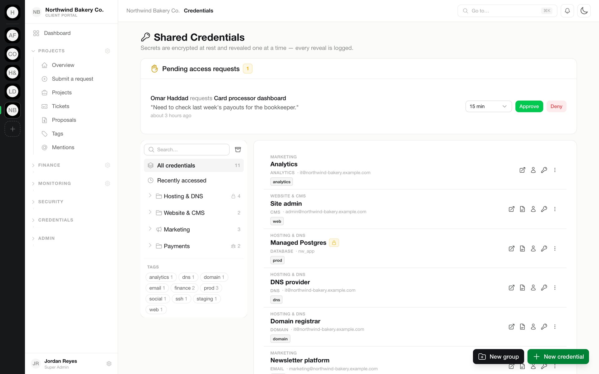 Shared credentials with an access request